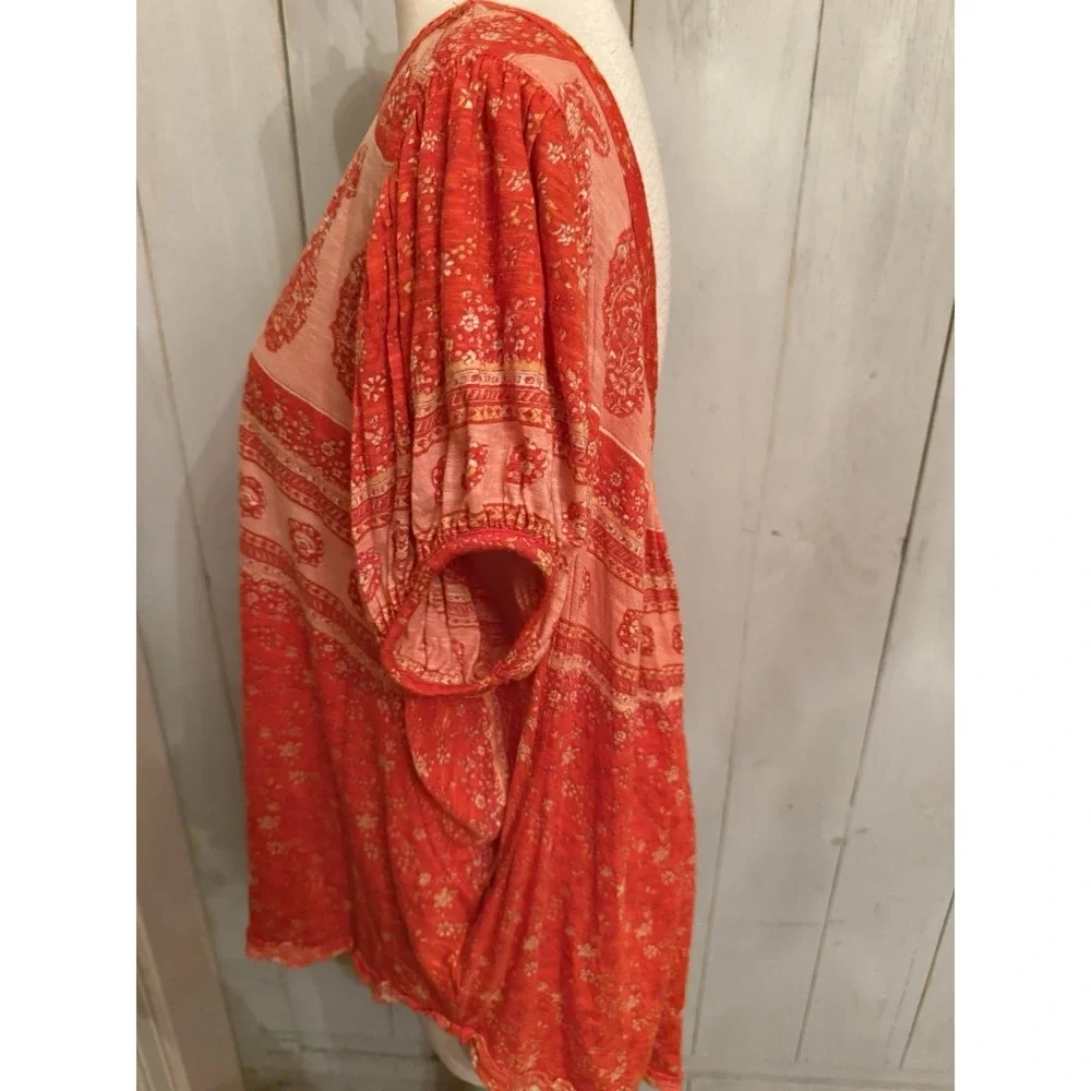 Free People Fruit Punch Combo Top S Paisley Boho Puff‎ Sleeves Oversized Red
